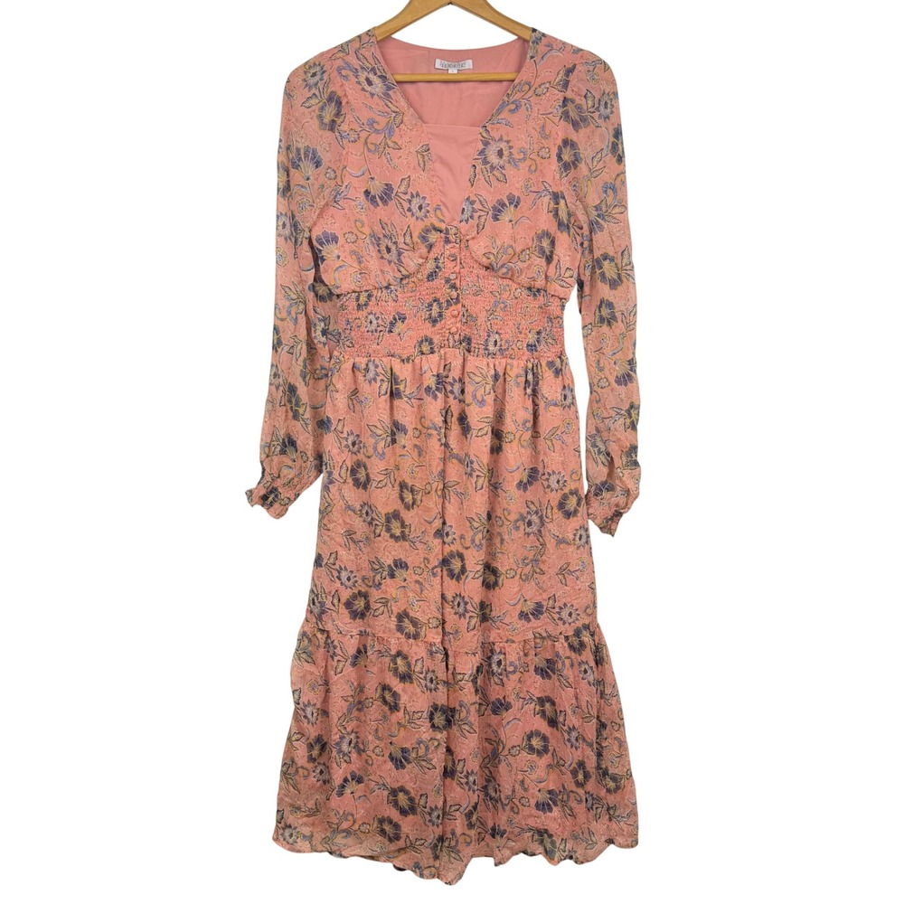 Patrons of Peace Pink Floral Smocked Waist Tiered Midi Boho Dress Large